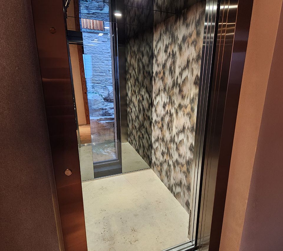 Ge&ouml;ffnete Aufzugskabine mit gemusterter Wand im Projekt Bellevue in Aurach.